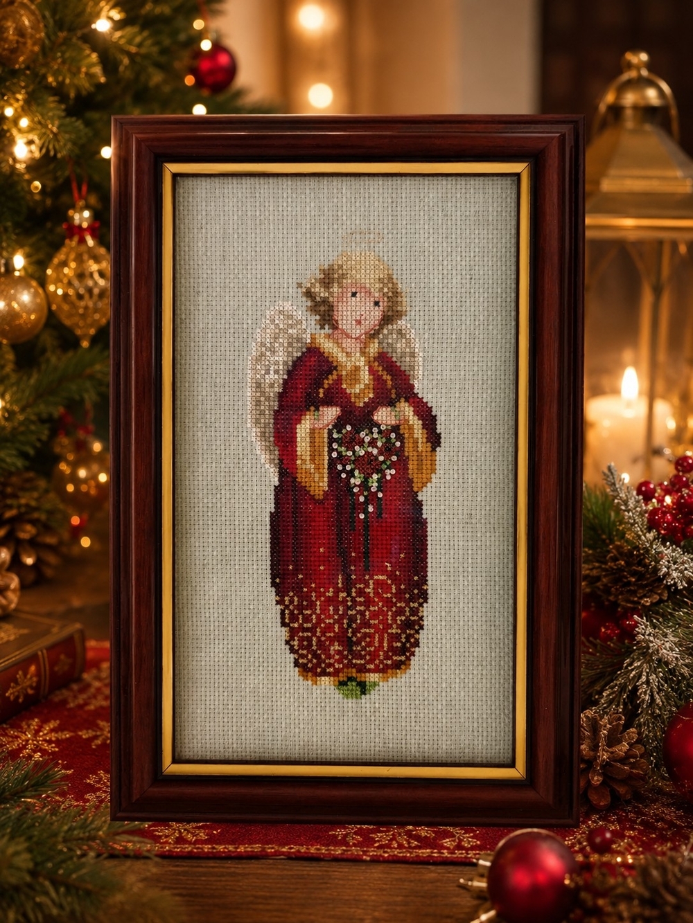 Completed Christmas Angel Cross Stitch 1997 - Marilyn Leavitt-Imblum Framed Vtg
